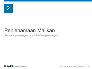 Trend Perekrutan Sejagat LinkedIn bagi Tahun 2013 8
Penjenamaan Majikan
Ancamanpersaingan dan kelebihan persaingan
2
 