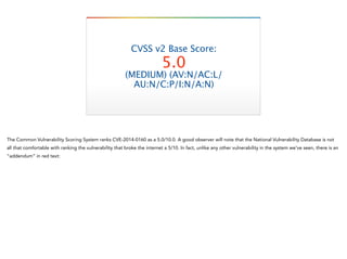 CVSS v2 Base Score:
5.0 
(MEDIUM) (AV:N/AC:L/
AU:N/C:P/I:N/A:N)
 