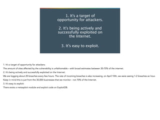 1. It’s a target of
opportunity for attackers.
2. It’s being actively and
successfully exploited on
the Internet.
3. It’s easy to exploit.
 
