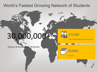 30,000,000+
Students & Recent Grads Worldwide
1
World’s Fastest Growing Network of Students
20,000+
275,000
Schools
New Student Members Per Month
 