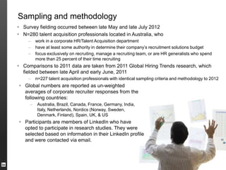 Sampling and methodology
 Survey fielding occurred between late May and late July 2012
 N=280 talent acquisition professionals located in Australia, who
     –   work in a corporate HR/Talent Acquisition department
     –   have at least some authority in determine their company’s recruitment solutions budget
     –   focus exclusively on recruiting, manage a recruiting team, or are HR generalists who spend
         more than 25 percent of their time recruiting
 Comparisons to 2011 data are taken from 2011 Global Hiring Trends research, which
  fielded between late April and early June, 2011
     –   n=227 talent acquisition professionals with identical sampling criteria and methodology to 2012
 Global numbers are reported as un-weighted
  averages of corporate recruiter responses from the
  following countries:
     –   Australia, Brazil, Canada, France, Germany, India,
         Italy, Netherlands, Nordics (Norway, Sweden,
         Denmark, Finland), Spain, UK, & US
 Participants are members of LinkedIn who have
  opted to participate in research studies. They were
  selected based on information in their LinkedIn profile
  and were contacted via email.
 