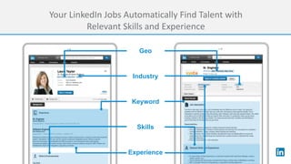 Your	LinkedIn	Jobs	Automatically	Find	Talent	with	
Relevant	Skills	and	Experience	
Geo
Industry
Keyword
Skills
Experience
 