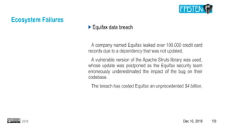 Dec 10, 2019 102019
Ecosystem Failures
Equifax data breach
A company named Equifax leaked over 100.000 credit card
records due to a dependency that was not updated.
A vulnerable version of the Apache Struts library was used,
whose update was postponed as the Equifax security team
erroneously underestimated the impact of the bug on their
codebase.
The breach has costed Equifax an unprecedented $4 billion.
 