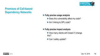 Dec 10, 2019 182019
Promises of Call-based
Dependency Networks
Fully precise usage analysis
Does this vulnerability affect my code?
Am I linking to GPL code?
Fully precise impact analysis
How many clients will I break if I change
this?
Can I safely update?
 