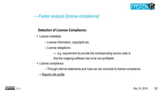 Dec 10, 2019 322019
Detection of License Compliance:
●
License metadata:
– License information, copyrights etc.
– License obligations
→ e.g. requirement to provide the corresponding source code or
that the outgoing software has to be non profitable
●
License compliance:
– Through internal statements and rules we can conclude to license compliance
→ Reports risk profile
→ Fasten analysis [license compliance]
 