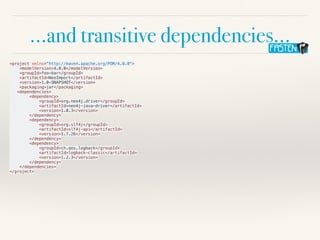 …and transitive dependencies…
<project xmlns="http://maven.apache.org/POM/4.0.0">
<modelVersion>4.0.0</modelVersion>
<groupId>foo-bar</groupId>
<artifactId>NeoImport</artifactId>
<version>1.0-SNAPSHOT</version>
<packaging>jar</packaging>
<dependencies>
<dependency>
<groupId>org.neo4j.driver</groupId>
<artifactId>neo4j-java-driver</artifactId>
<version>1.0.3</version>
</dependency>
<dependency>
<groupId>org.slf4j</groupId>
<artifactId>slf4j-api</artifactId>
<version>1.7.26</version>
</dependency>
<dependency>
<groupId>ch.qos.logback</groupId>
<artifactId>logback-classic</artifactId>
<version>1.2.3</version>
</dependency>
</dependencies>
</project>
 