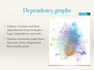 Dependency graphs
❖ Library+versions and their
dependencies form (complex,
huge) dependency networks
❖ Version constraints make these
networks more complicated
than simple graphs
 