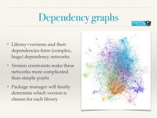 Dependency graphs
❖ Library+versions and their
dependencies form (complex,
huge) dependency networks
❖ Version constraints make these
networks more complicated
than simple graphs
❖ Package manager will
fi
nally
determine which version is
chosen for each library
 