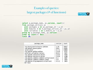 Examples of queries:


largest packages (# of functions)
select p.package_name, pv.version, count(*)


from package_versions pv


join packages p on pv.package_id = p.id


join modules m on m.package_version_id = pv.id


join callables c on c.module_id = m.id


group by p.package_name, pv.version

order by count(*) desc


limit 10;


 