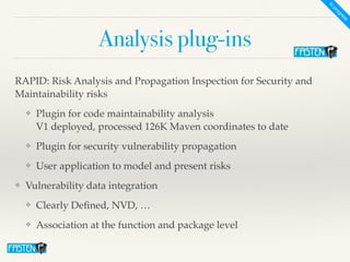 Analysis plug-ins
RAPID: Risk Analysis and Propagation Inspection for Security and
Maintainability risk
s

❖ Plugin for code maintainability analysis
 
V1 deployed, processed 126K Maven coordinates to dat
e

❖ Plugin for security vulnerability propagatio
n

❖ User application to model and present risk
s
❖ Vulnerability data integratio
n

❖ Clearly De
fi
ned, NVD,
…

❖ Association at the function and package level
In
progress
 