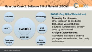 SW360 Project CC-BY-SA 4.0
FASTEN Project Workshop 2021 7
Main Use Case 2: Software Bill of Material (SBOM)
∙Scanning for Licenses:
other tools can do this better
∙Collecting Vulnerabilities:
Sourcing vulnerabilities: already
done by tools as well
∙Analyse Dependencies:
∙Good tools available to analyse
packages, dependencies, third party
software etc.
SW360: Only Bill of Material, not
Antenna
O.R.T.
Your own
scripts
FOSSology
CVE
search
More
analysis
tools
sw360
REST API
 