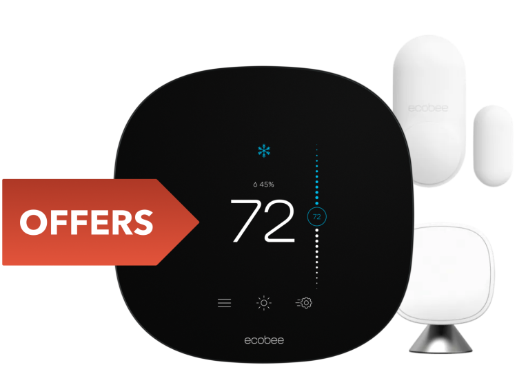 ecobee thermostat and sensors with a red flag that says offers