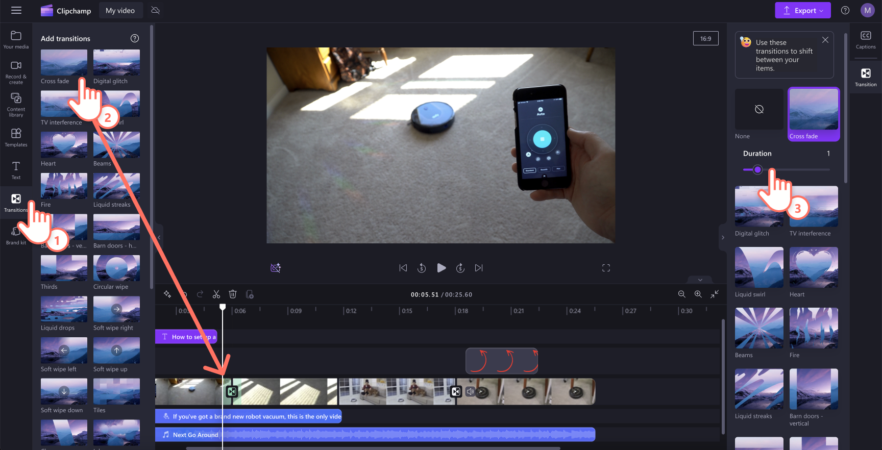 An image of a user adding transitions to the demo video.