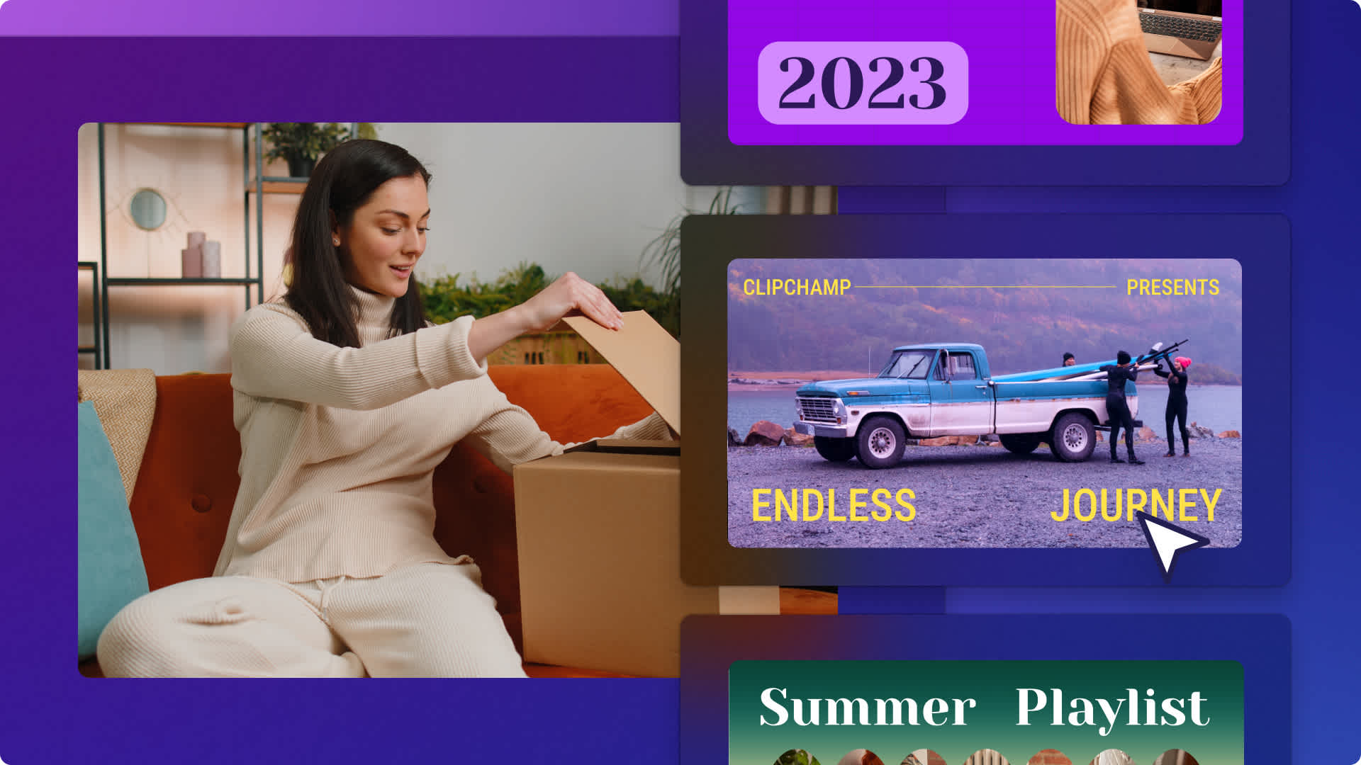 An abstract visual of an unboxing video on YouTube and YouTube intro templates in Clipchamp