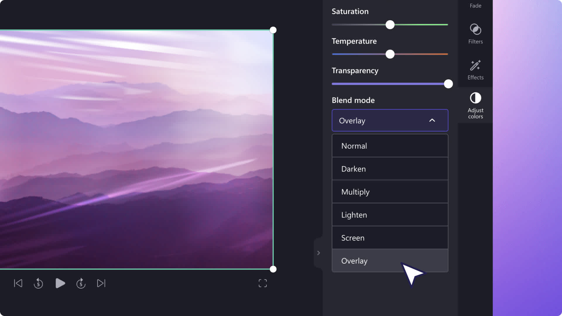 Painel de propriedades do modo de mesclagem no Clipchamp