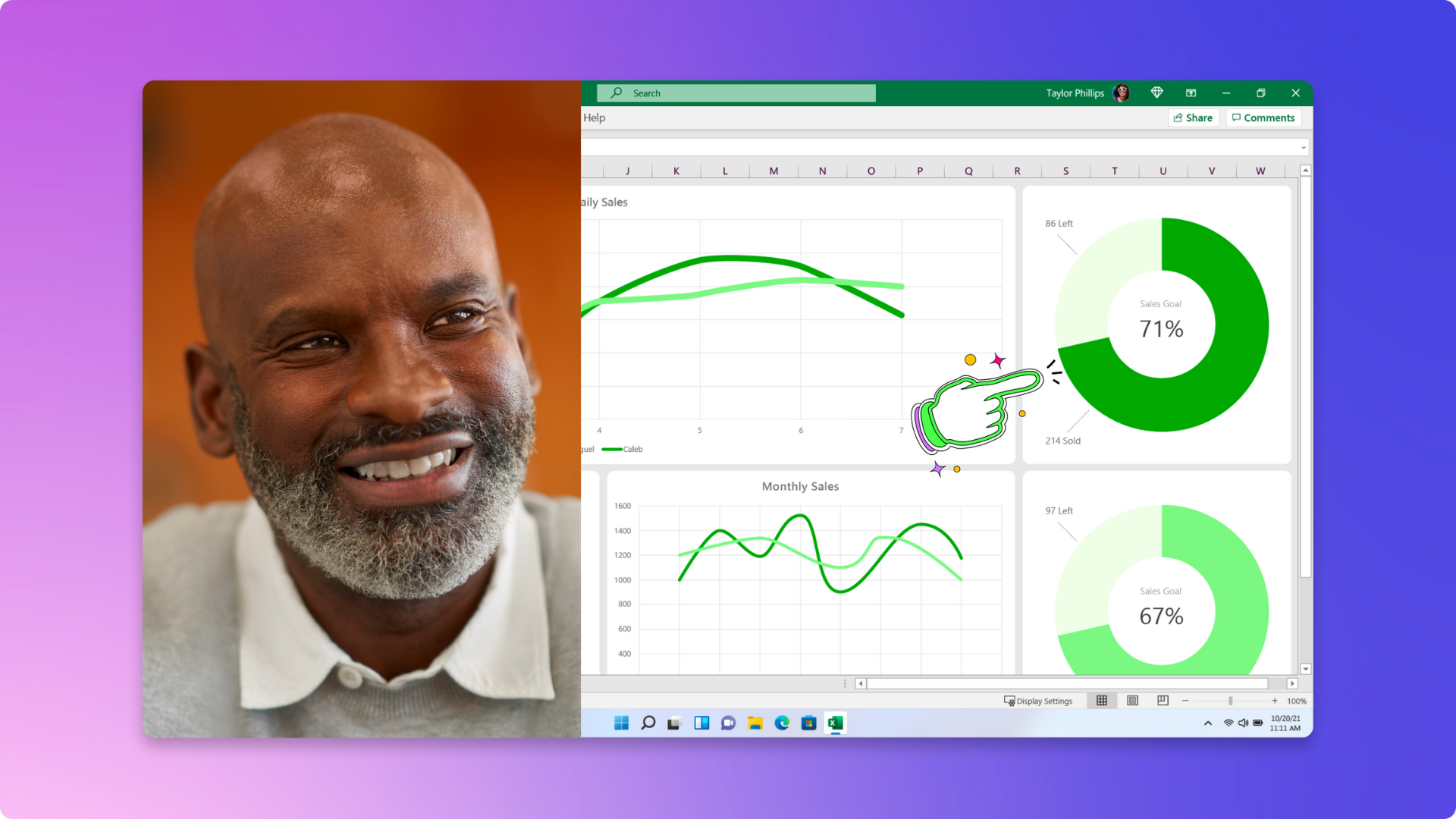 En närbild av ansiktet på en man som delar ett Excel-dokument med hjälp av funktionen för skärm- och webbkamerainspelning. 