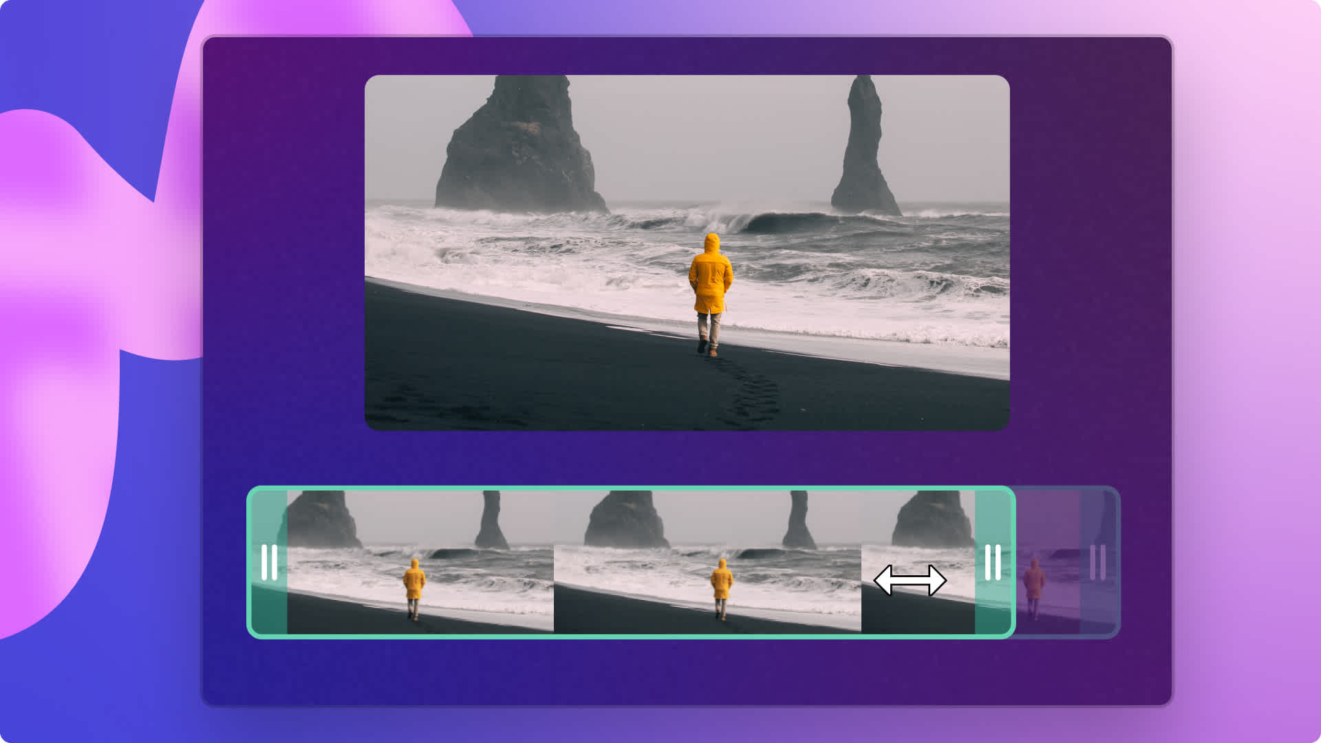 Clipchampでトリミング機能を使用中に自然の動画の一部をトリミング用に選択している画像。  