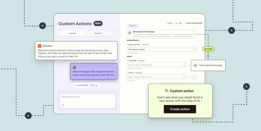 Hero with abstract graphic of Zapier's AI-powered Custom Actions feature.