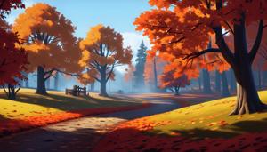 A picturesque pathway meanders through an autumn park, surrounded by trees adorned with vibrant orange and yellow foliage. Soft sunlight filters through the leaves, casting a warm glow on the scene, creating a tranquil atmosphere perfect for a leisurely stroll.