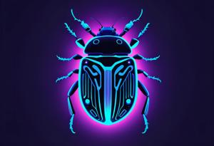 A vibrant digital illustration of a futuristic beetle, featuring glowing neon accents and intricate geometric patterns. The artwork blends entomology with modern technology, creating a captivating visual in a dark background.