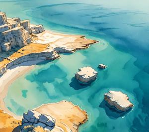 An aerial perspective reveals a serene coastal scene featuring gentle waves lapping against rocky formations and sandy shores. This illustration highlights the tranquil beauty of nature with soft hues of blue and golden tones, evoking a sense of peace and escape.