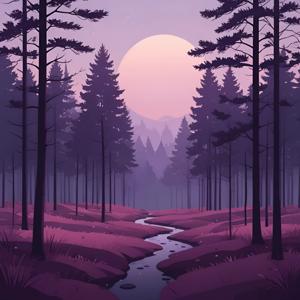 A tranquil forest scene illuminated by a large, pastel-hued moon, casting soft shadows among tall pine trees. A meandering stream flows through vibrant, purple-tinted grass, enhancing the ethereal atmosphere of this digital artwork.