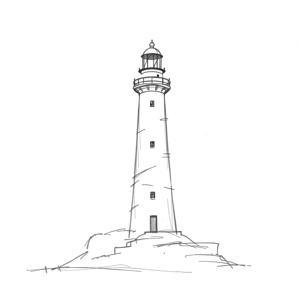 A minimalist line drawing of a lighthouse situated on rocky terrain, showcasing its towering structure and beacon. The clean lines and simple design evoke a sense of calm and navigation, suitable for maritime themes.