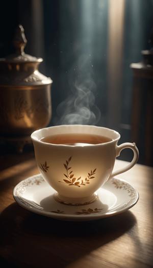 A delicate porcelain teacup, adorned with intricate gold patterns, holds a warm brew, releasing gentle steam into the air. The soft lighting creates an inviting atmosphere, enhancing the serene moment of tea enjoyment.