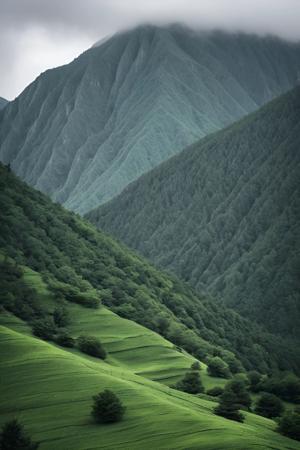 An expansive view of rolling green hills and steep mountain ranges showcases the beauty of untouched nature. The scene captures the intricate textures of the foliage and the dramatic contours of the landscape, highlighting the tranquil yet majestic allure of mountainous terrains.