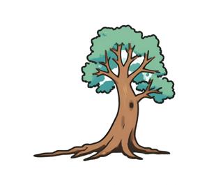 A whimsical cartoon representation of a tree featuring a brown trunk and lush green foliage. This illustration conveys a playful nature aesthetic, perfect for children's books, educational materials, or eco-themed designs.