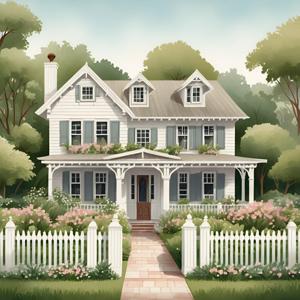 A picturesque white Victorian house nestled among lush greenery, featuring a wrap-around porch adorned with flowers and a white picket fence. The serene garden is highlighted by blooming shrubs, contributing to the inviting atmosphere of this idyllic home.