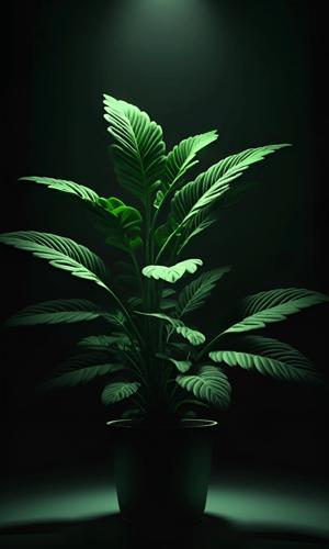 A lush indoor plant featuring elegant, broad leaves is illuminated by a soft spotlight, creating a captivating atmosphere. The dark background enhances the vivid green hues, emphasizing the plant's natural beauty and form.