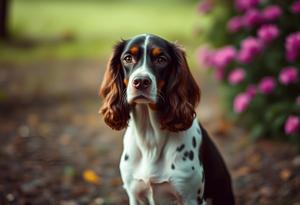 A close-up portrait of a dog with a glossy coat, featuring a mix of dark and white fur. The background showcases colorful flowers and a softly blurred garden, highlighting the pet's expressive gaze and gentle demeanor.