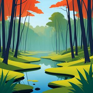 A serene forest scene featuring a winding stream surrounded by vivid greenery and towering trees. The artwork highlights a blend of lush flora and gentle water reflections, evoking a peaceful, natural atmosphere.