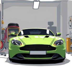 A sleek green sports car is prominently displayed in a well-organized garage. Tools and equipment in the background highlight the automotive theme, creating an atmosphere of car maintenance and enthusiasm.