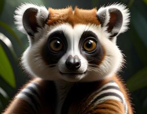 A playful cartoon-style lemur features large expressive eyes and distinctive striped fur, set against a lush green background. The character design blends realism with a whimsical touch, inviting a sense of curiosity and warmth.