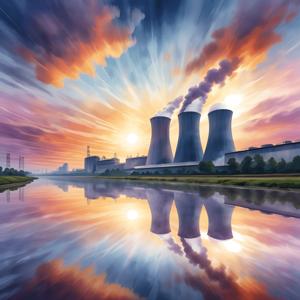 A stunning depiction of a nuclear power plant at sunset, featuring tall cooling towers releasing steam against a vividly colored sky. The tranquil river reflects the warm hues of the sunset, enhancing the industrial landscape's beauty.