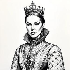 A black and white illustration capturing the essence of royalty, featuring a queen adorned with an intricate crown and elaborate gemstones. The detailed linework and elegant attire reflect a blend of historical grandeur and artistic finesse.