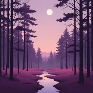 A serene forest landscape painted in soft pastels, featuring tall trees silhouetted against a glowing moon. A gentle stream meanders through the underbrush, surrounded by a misty and dreamy ambiance that evokes a sense of calm and wonder.