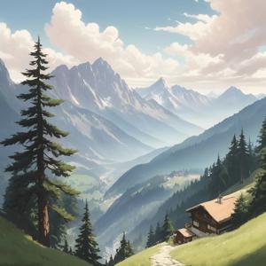 A picturesque landscape featuring a cozy cabin nestled among towering evergreen trees, set against a backdrop of majestic mountains and a bright sky. This scenic artwork captures the tranquil beauty of nature, inviting viewers to immerse themselves in the serene alpine atmosphere.