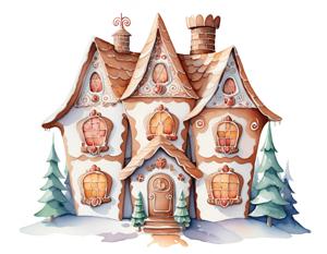 A charming illustration of a whimsical gingerbread house adorned with candy-like decorations and fluffy snow. Surrounded by stylized evergreen trees, this artwork captures the enchanting essence of a festive winter scene.