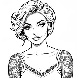 A black and white illustration featuring a confident woman with a stylish bob haircut and intricately designed tattoos on her arms. The artwork captures a modern and edgy aesthetic, emphasizing the woman's bold features and unique personal style.