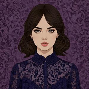 A stylized portrait of a young woman features intricate details in her clothing and a rich floral backdrop. The art combines modern illustration techniques with a focus on facial expressions and textures, creating an engaging visual impact.