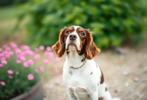 A friendly dog sits gracefully amid blooming flowers in a vibrant garden setting. The soft focus background highlights the dog's expressive features and playful demeanor, showcasing the harmony of nature and companionship.