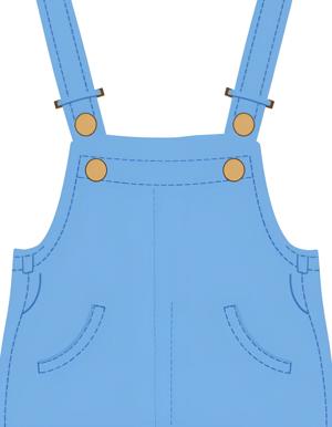 A pair of blue overalls designed for children, featuring adjustable straps and decorative metal buttons. The minimalist illustration highlights the simple charm and practicality of this classic outfit choice.