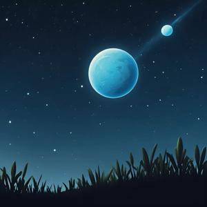 A digital painting showcasing a serene night sky filled with stars, featuring two captivating planets. The foreground is adorned with delicate grass blades, creating a sense of depth and an otherworldly atmosphere.