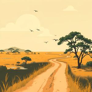 A serene savannah landscape featuring a winding dirt road that leads through golden grasses and sparse trees under a pastel sky. This illustration captures the beauty of the African plains, highlighting the tranquil ambiance and wildlife habitat.