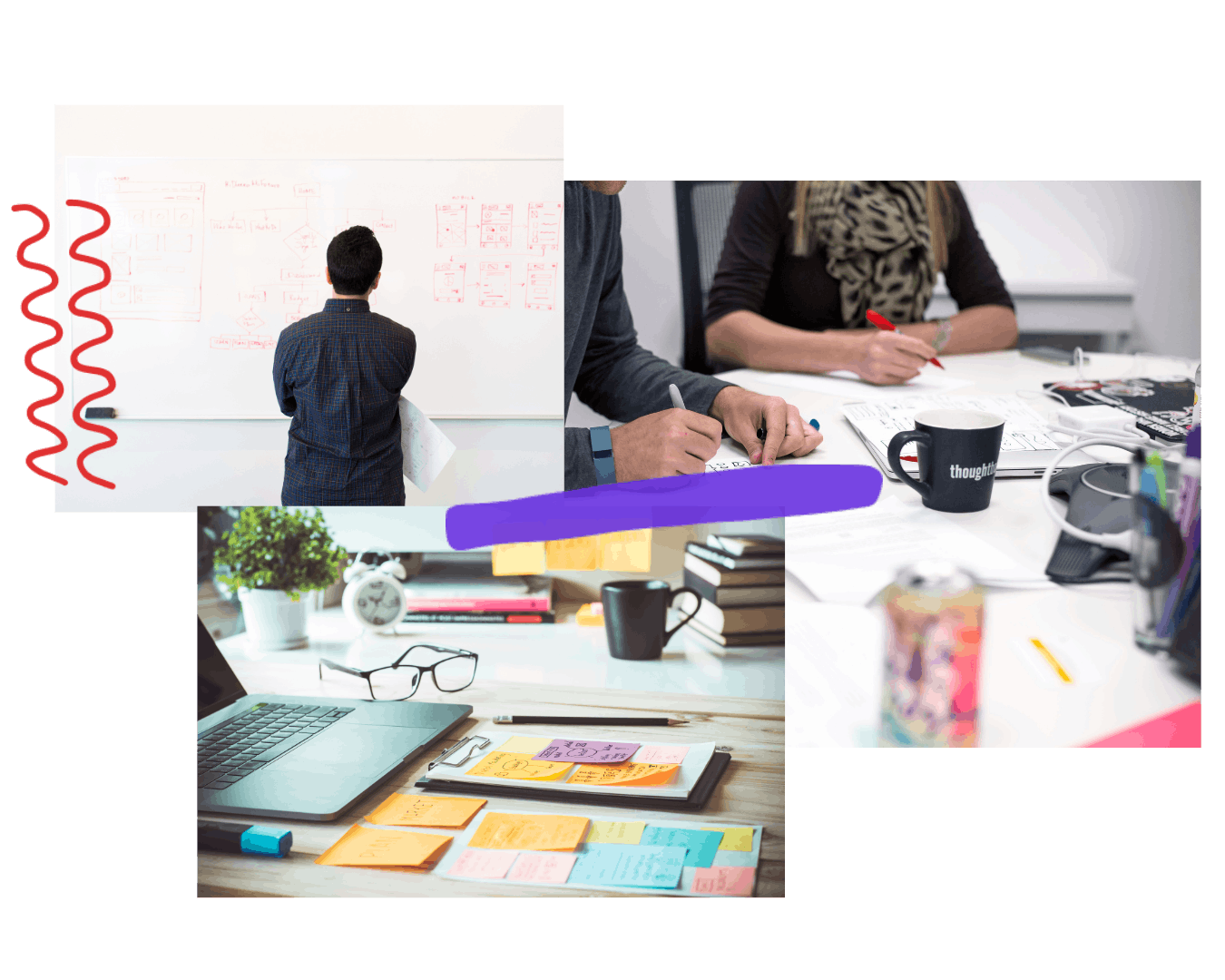 collage of 3 images: person standing in front of an idea board, a group of people working through an idea, a desk with organized sticky notes