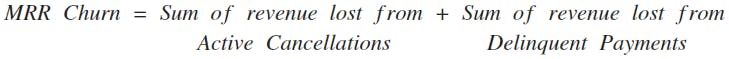 MRR Churn = Sum of revenue lost from active cancellations + Sum of revenue lost from delinquent payments