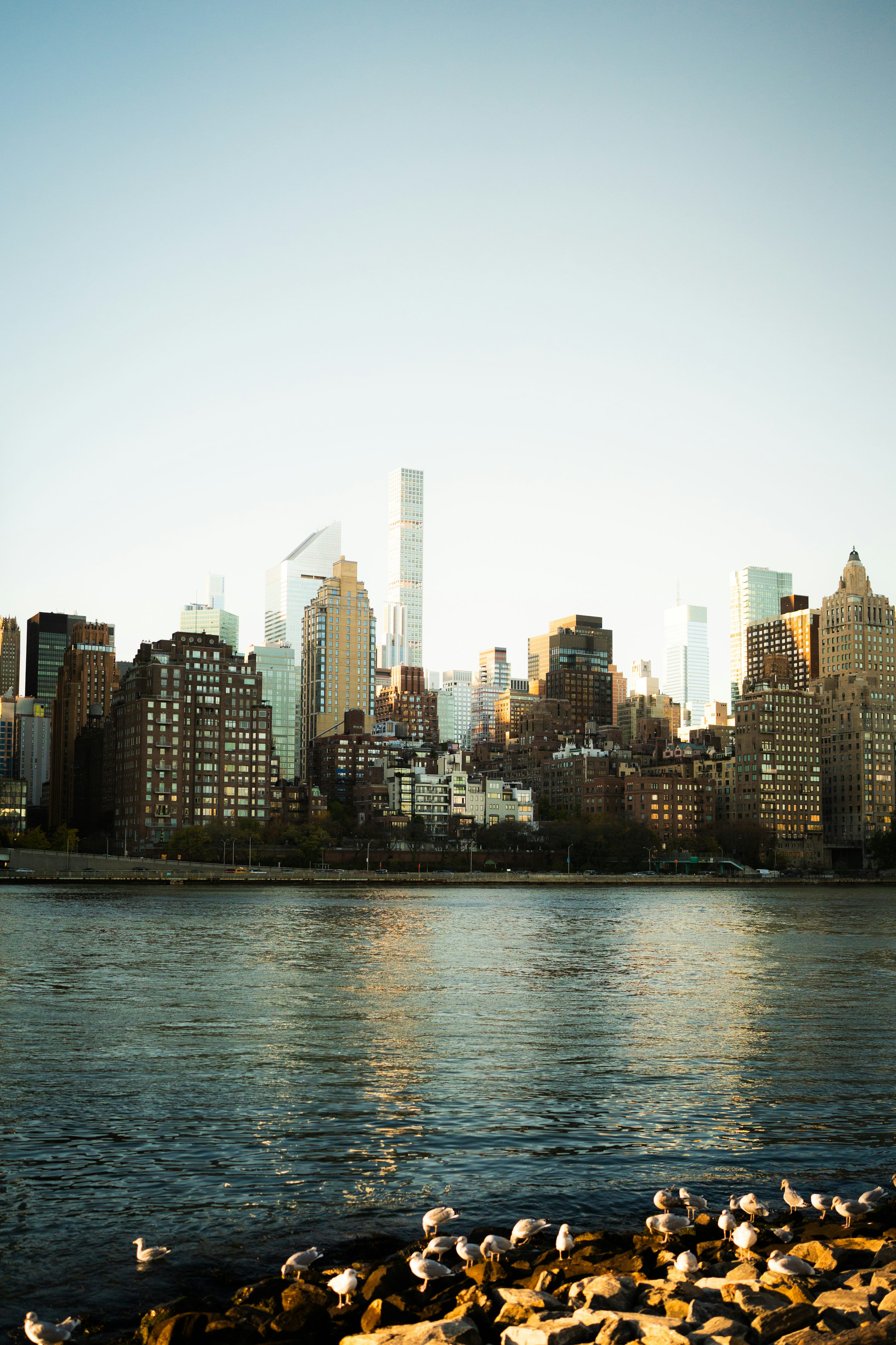 A large body of water with a city in the background